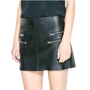 Zara Women's Black Lambskin Mini Skirt XS Silver Zip Pockets Leather NWT